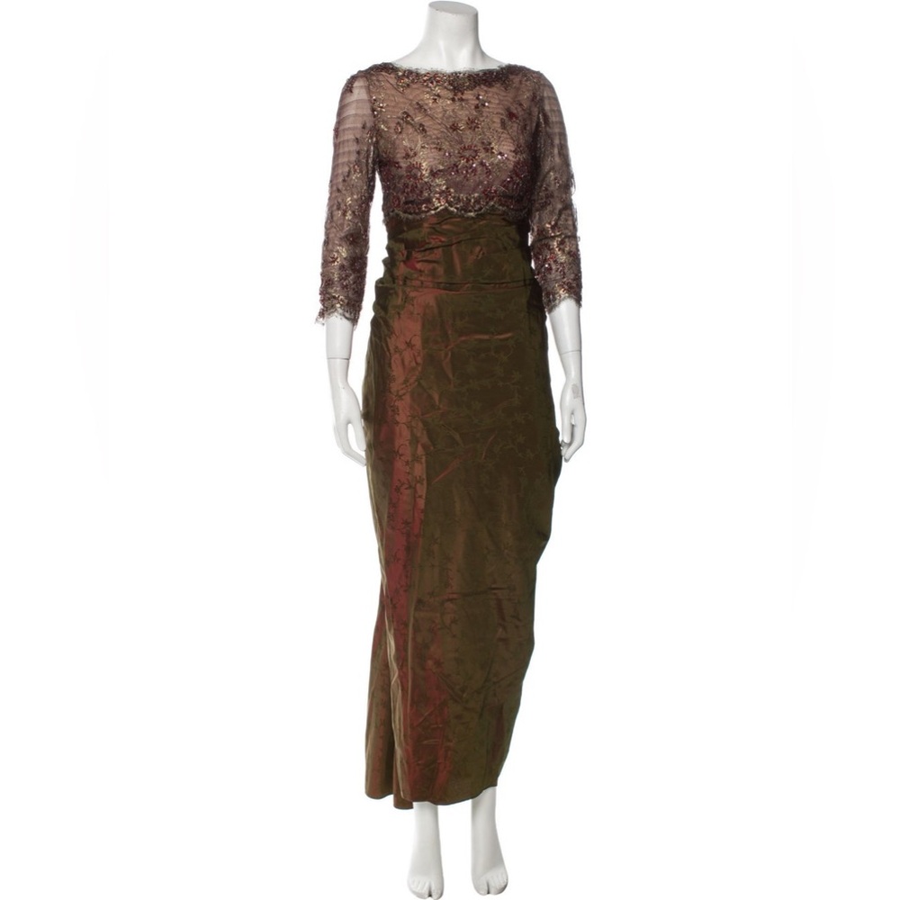 Oscar de la Renta Brown and Green Long Sleeve Dress